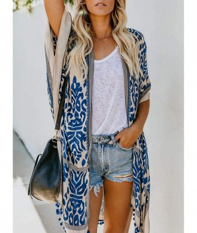 Cover-Ups Womens Fashion Boho Printed Kimono Beach Cover up Summer Open Front Loose Flowy Cardigan Top with Tassel Style 2 bl...