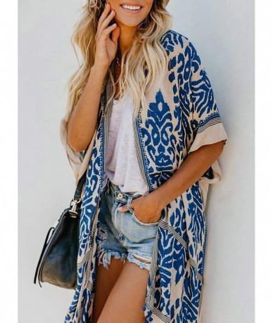 Cover-Ups Womens Fashion Boho Printed Kimono Beach Cover up Summer Open Front Loose Flowy Cardigan Top with Tassel Style 2 bl...