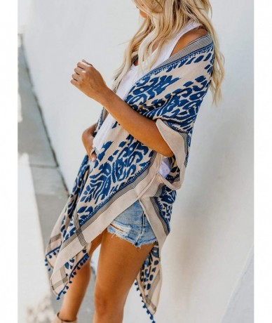 Cover-Ups Womens Fashion Boho Printed Kimono Beach Cover up Summer Open Front Loose Flowy Cardigan Top with Tassel Style 2 bl...