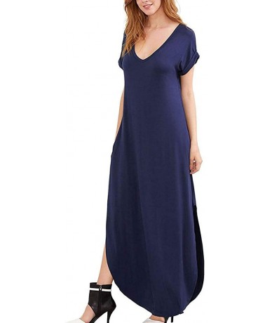 Rash Guards Women's Round Neck Petal Short Sleeve Ruffle Hem Tunic Dress - Navy - CB18TKA6834 $28.79