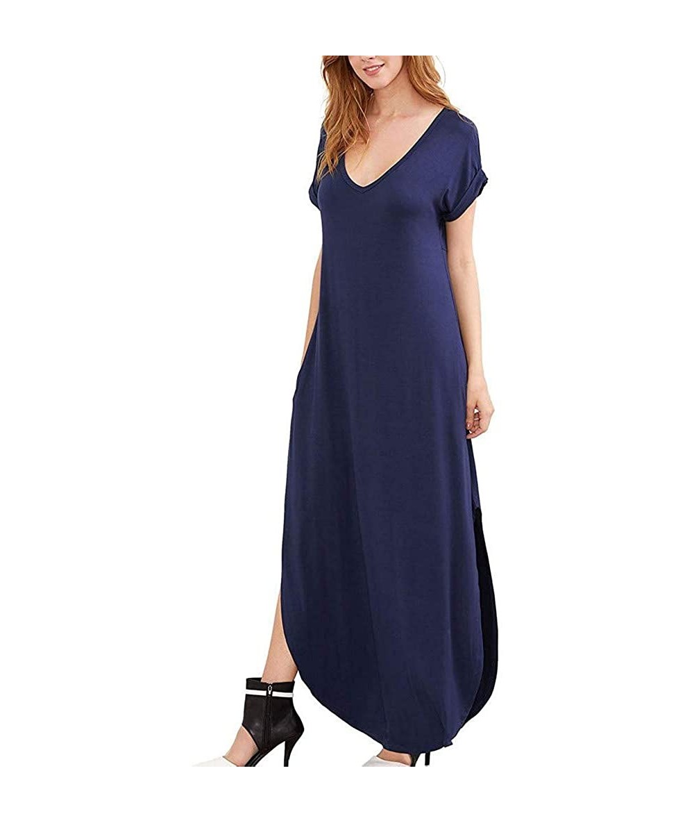 Rash Guards Women's Round Neck Petal Short Sleeve Ruffle Hem Tunic Dress - Navy - CB18TKA6834 $28.79