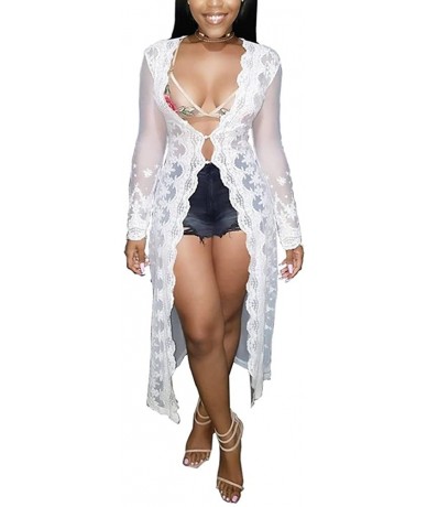 Cover-Ups Womens Lace Sheer Mesh See Through Open Cardigan Long Bikini Cover Up - White - CV1863LXEEU $59.01