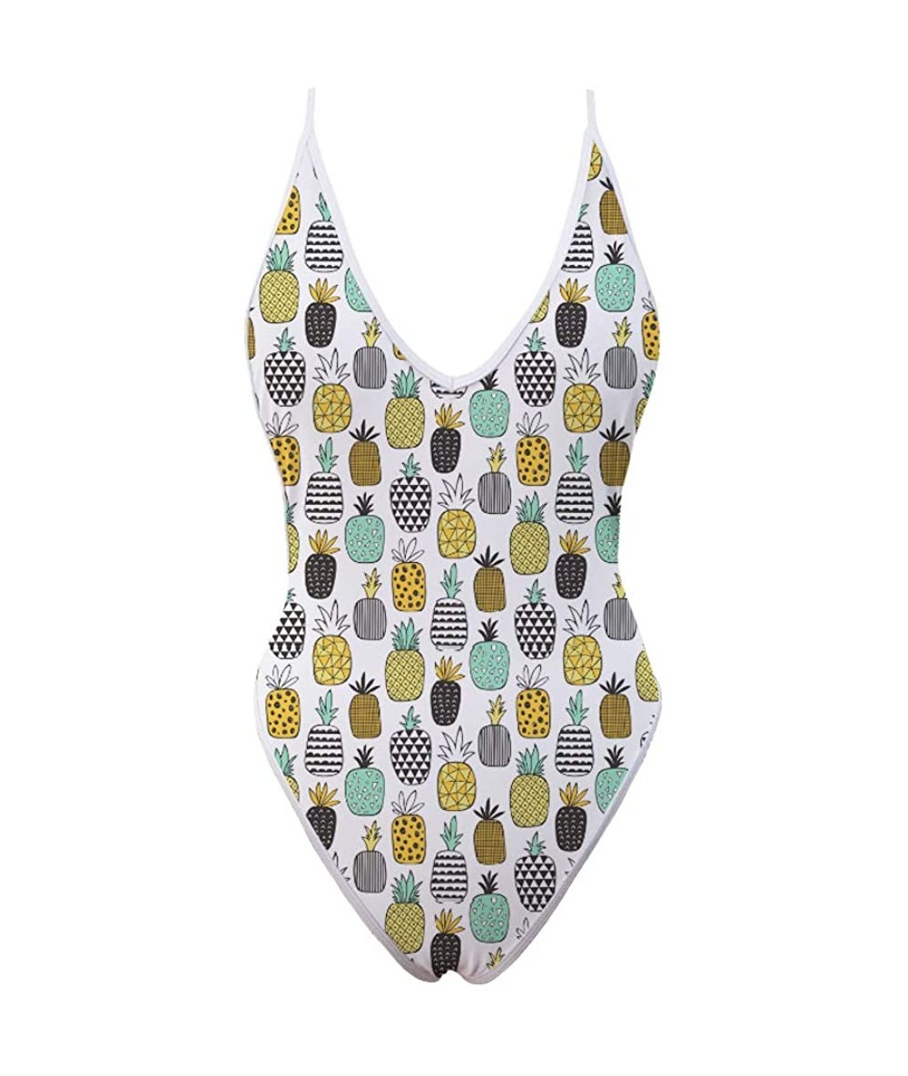 One-Pieces Women One Piece Deep V Neck Halter Swimsuit Sexy Bathing Suit Monokini - Pineapple-2 - CM18R3TYQL3 $44.57