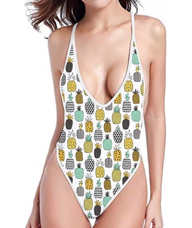 One-Pieces Women One Piece Deep V Neck Halter Swimsuit Sexy Bathing Suit Monokini - Pineapple-2 - CM18R3TYQL3 $44.57