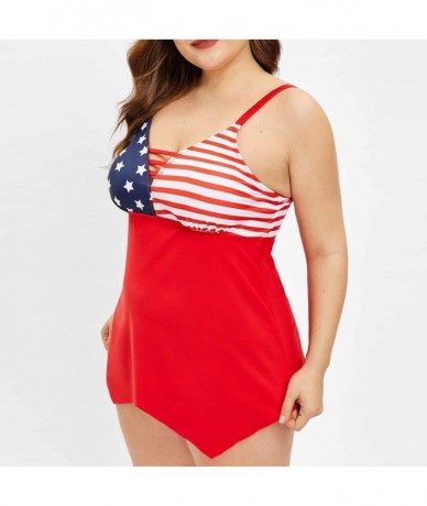 Tankinis Women Plus Size American Flag Stars Printed Stripes Printed V Neck Swimsuit Swimwear Tankini Two Piece - Red - C418T...