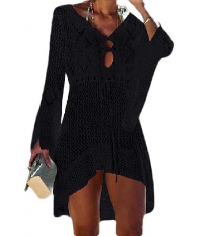 Cover-Ups Womens Knitting Hollow UPF50+ Loose Solid Flare Sleeve Beach Cover Up Dress - Black - CA199EXC08S $57.64