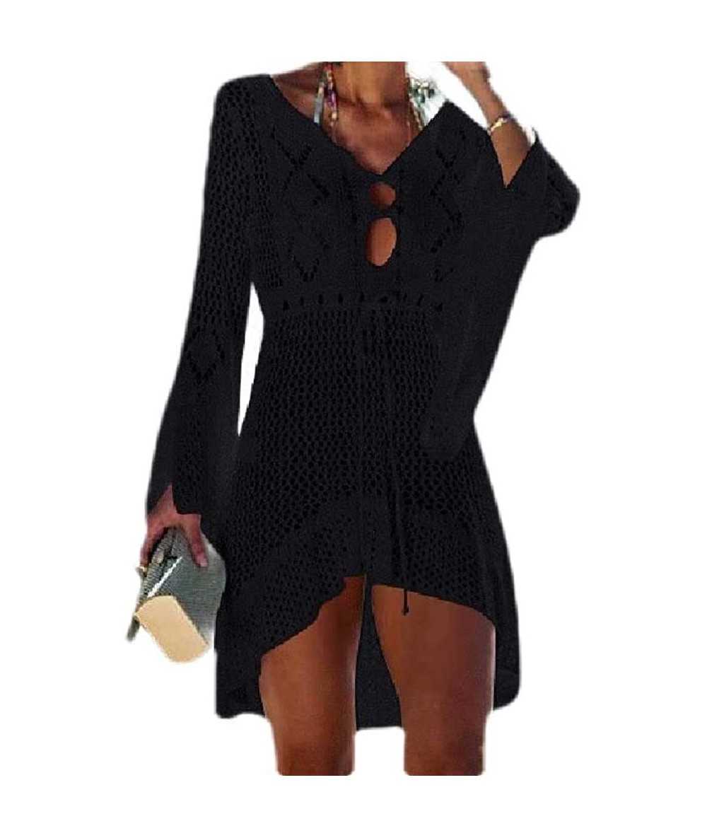 Cover-Ups Womens Knitting Hollow UPF50+ Loose Solid Flare Sleeve Beach Cover Up Dress - Black - CA199EXC08S $57.64