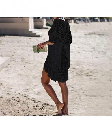 Cover-Ups Womens Knitting Hollow UPF50+ Loose Solid Flare Sleeve Beach Cover Up Dress - Black - CA199EXC08S $57.64