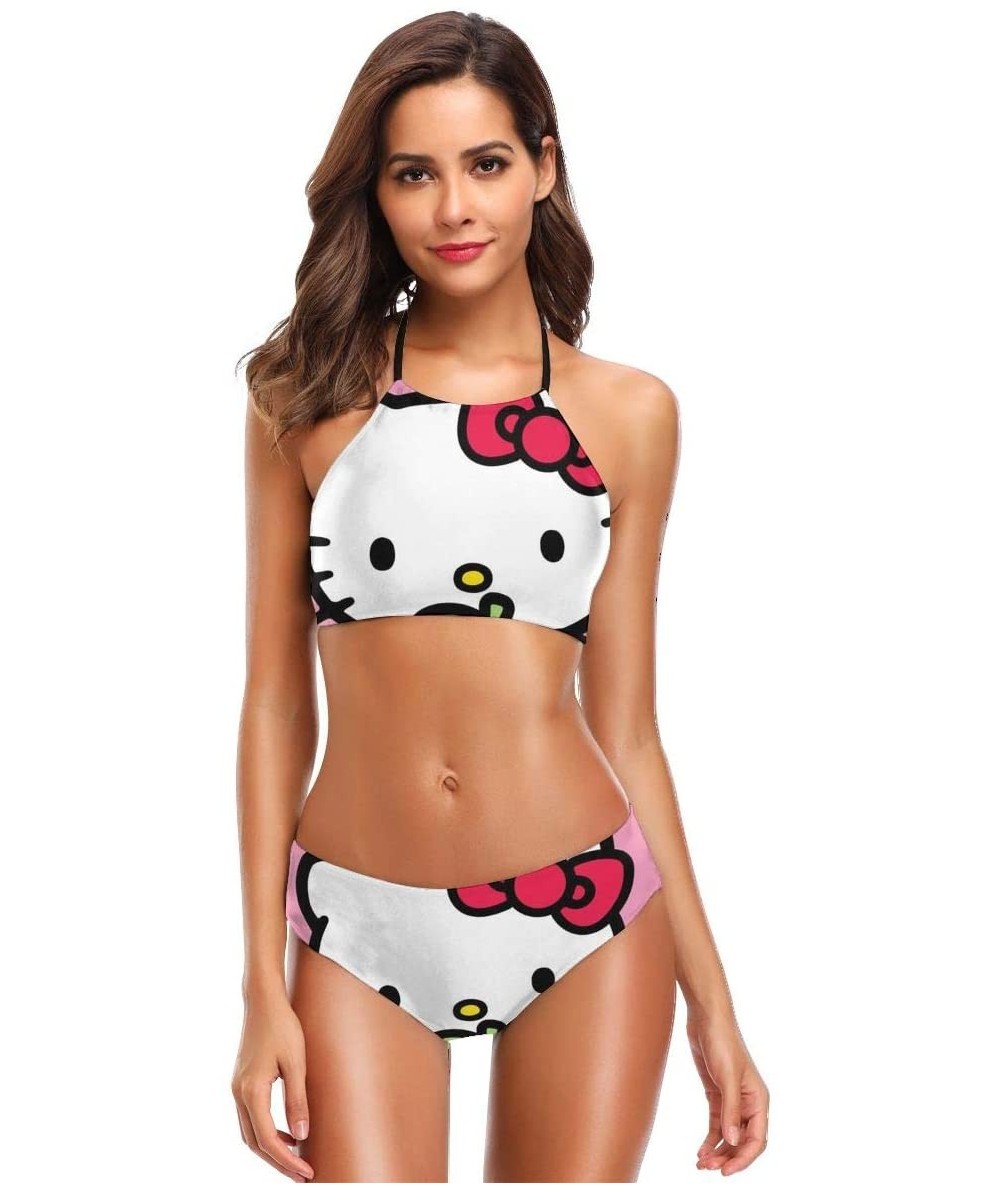 Sets Women's Vintage Hello Kitty with Strawberry Printing High-Waisted Halter Swimwear and Bathing Beach Bikini - X-2XL - Bla...