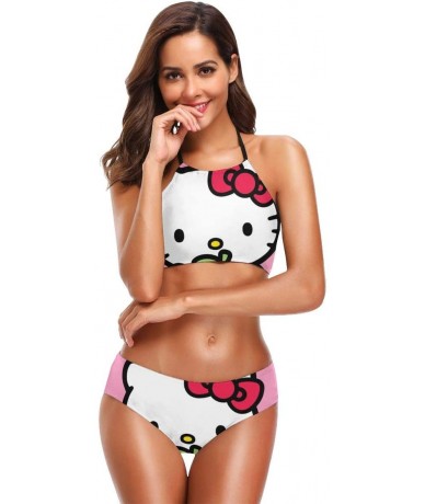 Sets Women's Vintage Hello Kitty with Strawberry Printing High-Waisted Halter Swimwear and Bathing Beach Bikini - X-2XL - Bla...