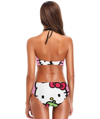 Sets Women's Vintage Hello Kitty with Strawberry Printing High-Waisted Halter Swimwear and Bathing Beach Bikini - X-2XL - Bla...