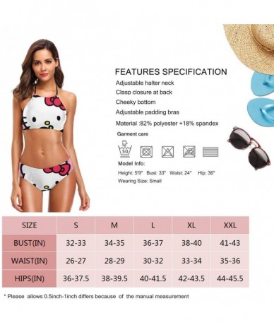 Sets Women's Vintage Hello Kitty with Strawberry Printing High-Waisted Halter Swimwear and Bathing Beach Bikini - X-2XL - Bla...