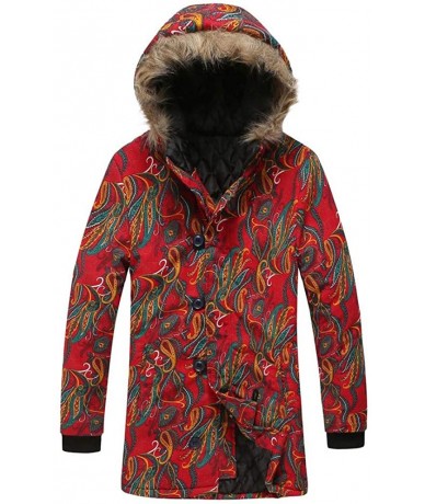 Rash Guards Men's Retro Warm Parka Jacket Ethnic Floral Print Jacket Winter Coat with Zipper Button Down Hood Coats - Red - C...