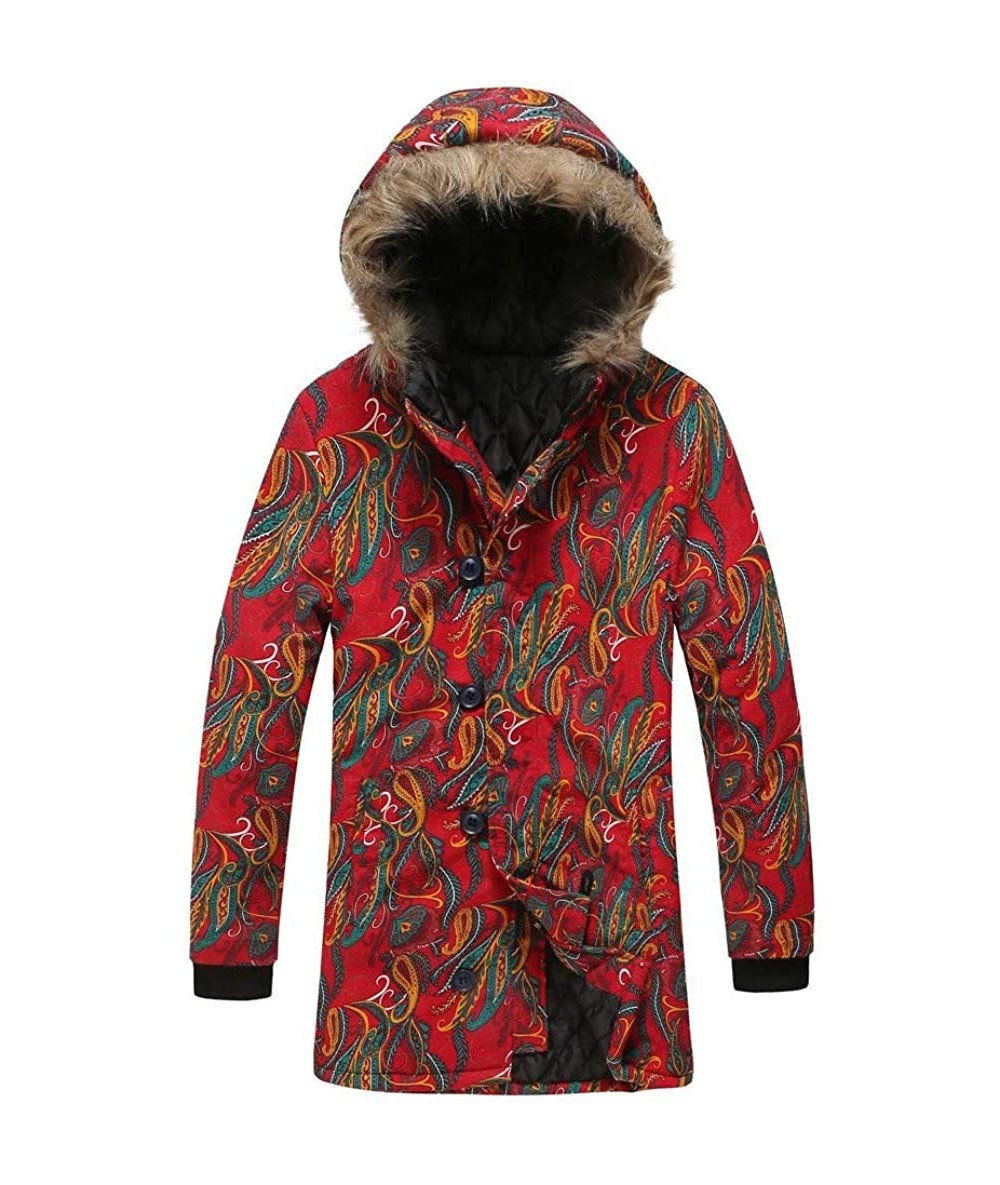 Rash Guards Men's Retro Warm Parka Jacket Ethnic Floral Print Jacket Winter Coat with Zipper Button Down Hood Coats - Red - C...