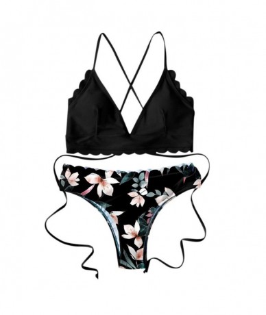 Sets Women's Scalloped Hem Lace Up Tropical Print High Cut Bikini Two Piece Swimsuit B S - B - C51997HG4N7 $27.98