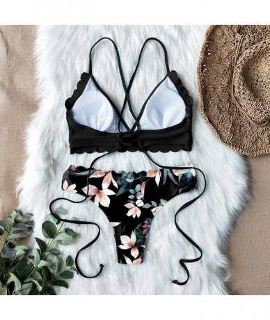 Sets Women's Scalloped Hem Lace Up Tropical Print High Cut Bikini Two Piece Swimsuit B S - B - C51997HG4N7 $27.98