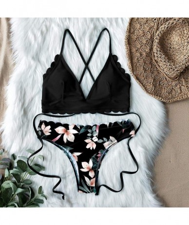 Sets Women's Scalloped Hem Lace Up Tropical Print High Cut Bikini Two Piece Swimsuit B S - B - C51997HG4N7 $27.98