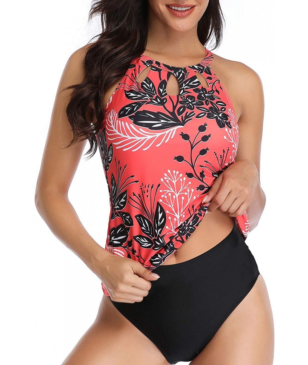 One-Pieces High Neck Tankini Swimsuits for Women Halter Bathing Suits Two Piece Floral Print Swimwear - Coral - CG18UADTQ0G $...