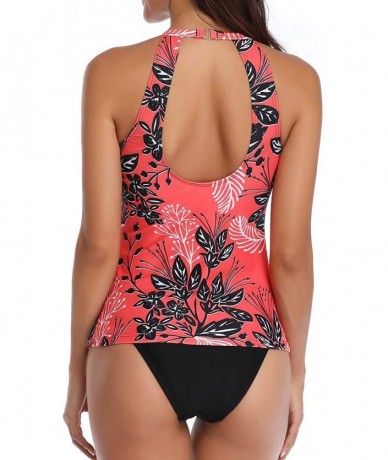 One-Pieces High Neck Tankini Swimsuits for Women Halter Bathing Suits Two Piece Floral Print Swimwear - Coral - CG18UADTQ0G $...