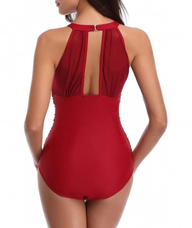 One-Pieces Women One Piece Swimsuit High Neck Mesh Tummy Control Bathing Suit - Burgundy - CP18LL202U2 $41.66