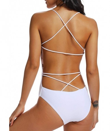 One-Pieces Sexy Womens Monokini Deep V One Piece Low Backless Ruched Cheeky Swimwear Swimsuits - 2 White - CW18LXWWNHN $29.18