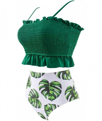 Sets Womens Shirred Bandeau Bikini Cute Two Piece Swimsuit Off Shoulder High Waist Bathing Suit - Green-5 - CU199OR5UOY $45.42