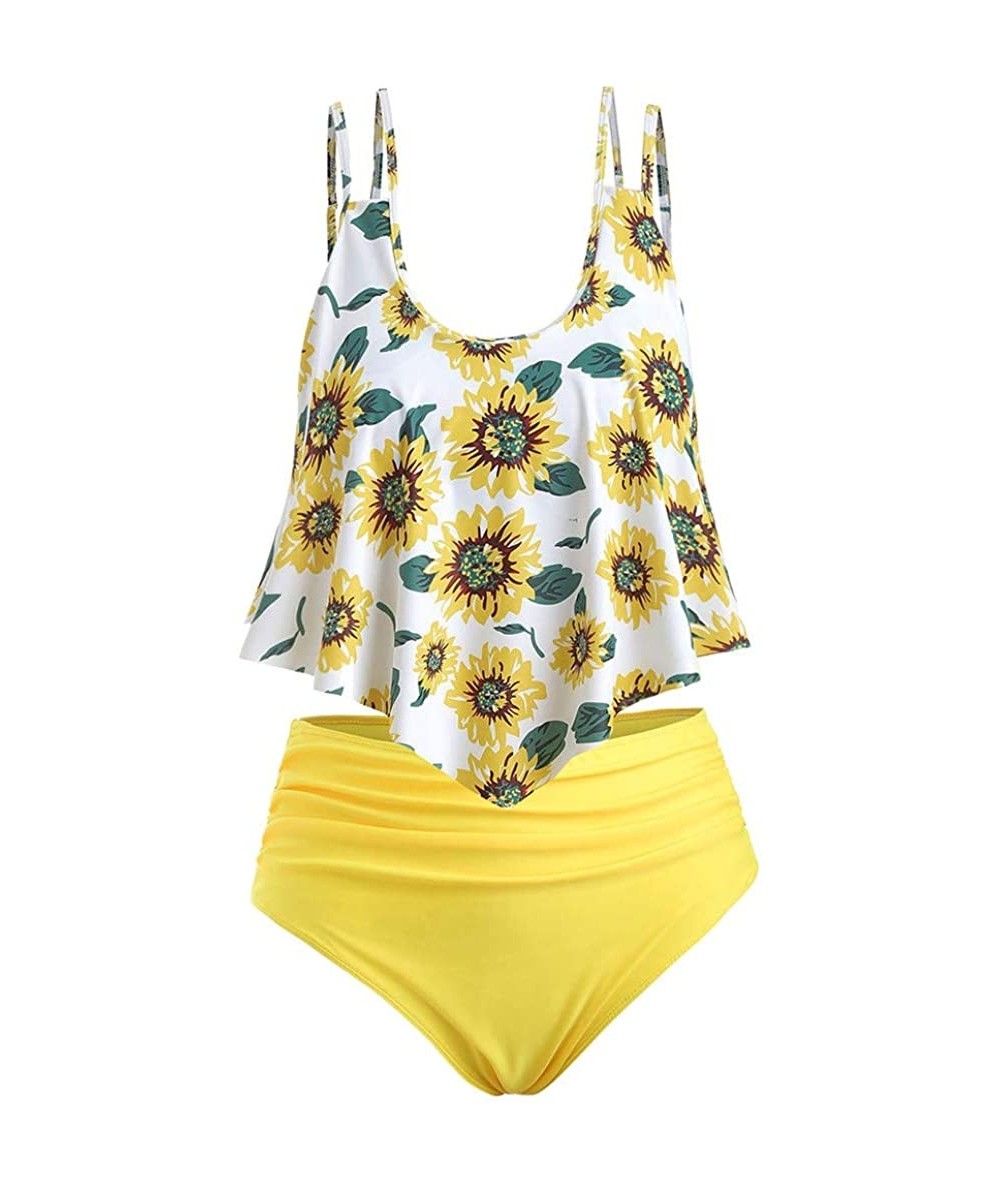 Sets Sunflower Tankini Swimsuits- High Waisted Swim Bottom with Ruffle Bandeau Top Beach Bikini Hot Boho Swimwear Only Left -...