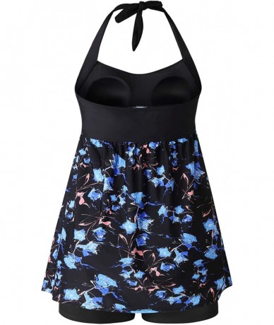 Sets Plus Size Swimsuits for Women Two Piece Tankini Swimwear Bathing Suit Floral Print - Black & Blue Flower - CJ18RR0QQED $...