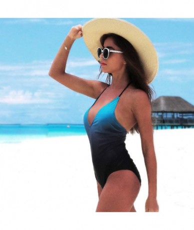 One-Pieces Women's Deep Plunge One Piece Swimsuit Tummy Control Ruched Bathing Suits - Gradient Blue - CX195ZULE0D $42.20