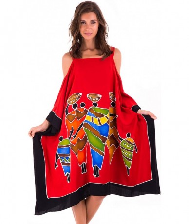 Cover-Ups Womens Poncho Dress Loose Beach Cover Up Short Cold Shoulder Tunic - Family Design Red - CI12N7D8UPV $68.38