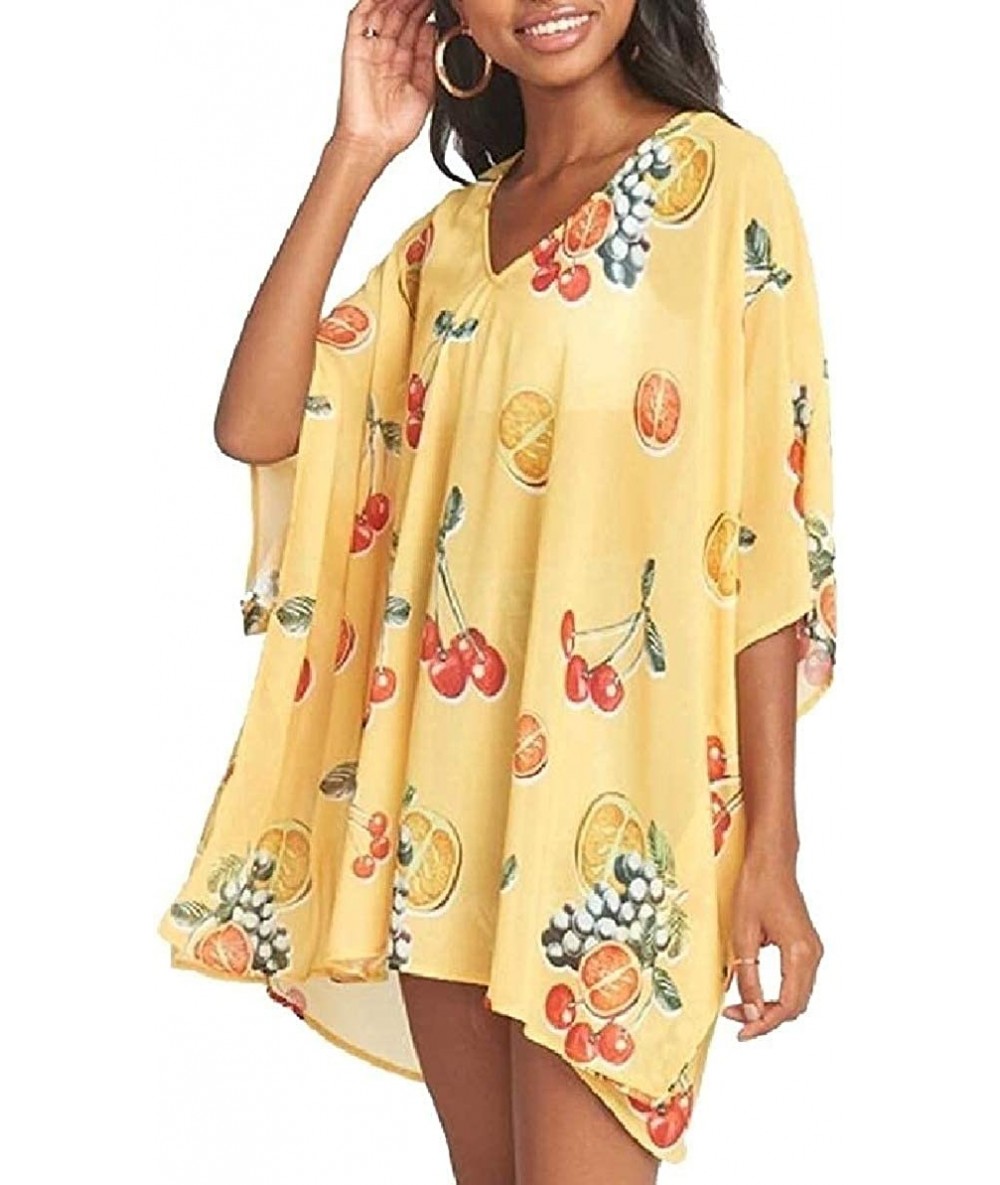 Cover-Ups Women Printed Boho Loose Fit Casual 3/4 Sleeve Summer Dres Tunic Yellow Small - CD190T3RW7Y $51.07