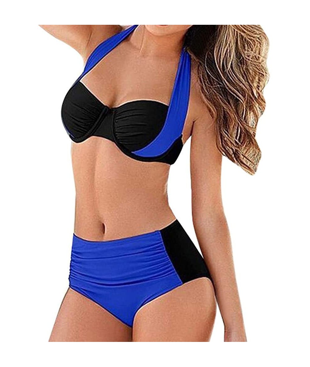 Sets Womens Two Piece Swimsuit High Waist Padded Push up Bikini Set Fashion Color Matching Bathing Suit Swimwear Blue - C6194...