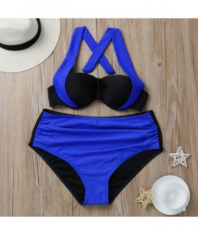 Sets Womens Two Piece Swimsuit High Waist Padded Push up Bikini Set Fashion Color Matching Bathing Suit Swimwear Blue - C6194...