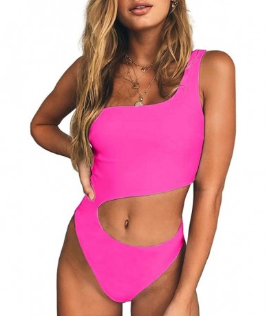 One-Pieces Women's One Piece Swimsuits One Shoulder Cut Out Monokini Bathing Suits - Pink - C218TE0QMCM $42.77