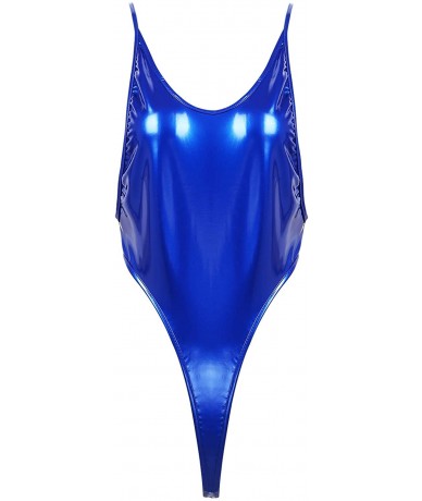 Racing Women's Shiny Metallic Patent Leather One Piece Swimsuit High Cut Leotard Thong Bodysuit - Blue B - CV194ECLGLD $36.22