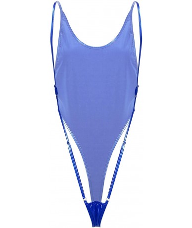 Racing Women's Shiny Metallic Patent Leather One Piece Swimsuit High Cut Leotard Thong Bodysuit - Blue B - CV194ECLGLD $36.22