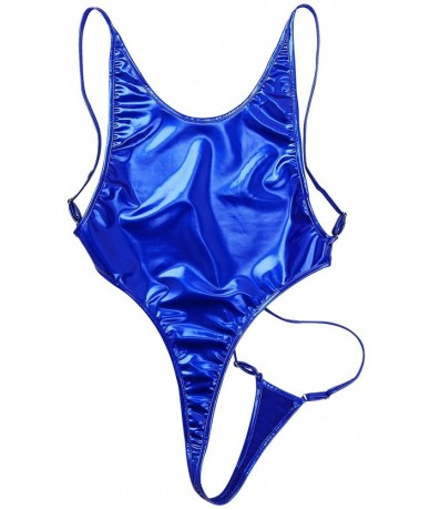 Racing Women's Shiny Metallic Patent Leather One Piece Swimsuit High Cut Leotard Thong Bodysuit - Blue B - CV194ECLGLD $36.22