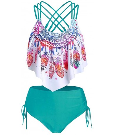 Sets Swimsuits for Women 2020 Two Piece Bathing Suits Ruffled Flounce Top with High Waisted Bottom Bikini Set Feather Green -...