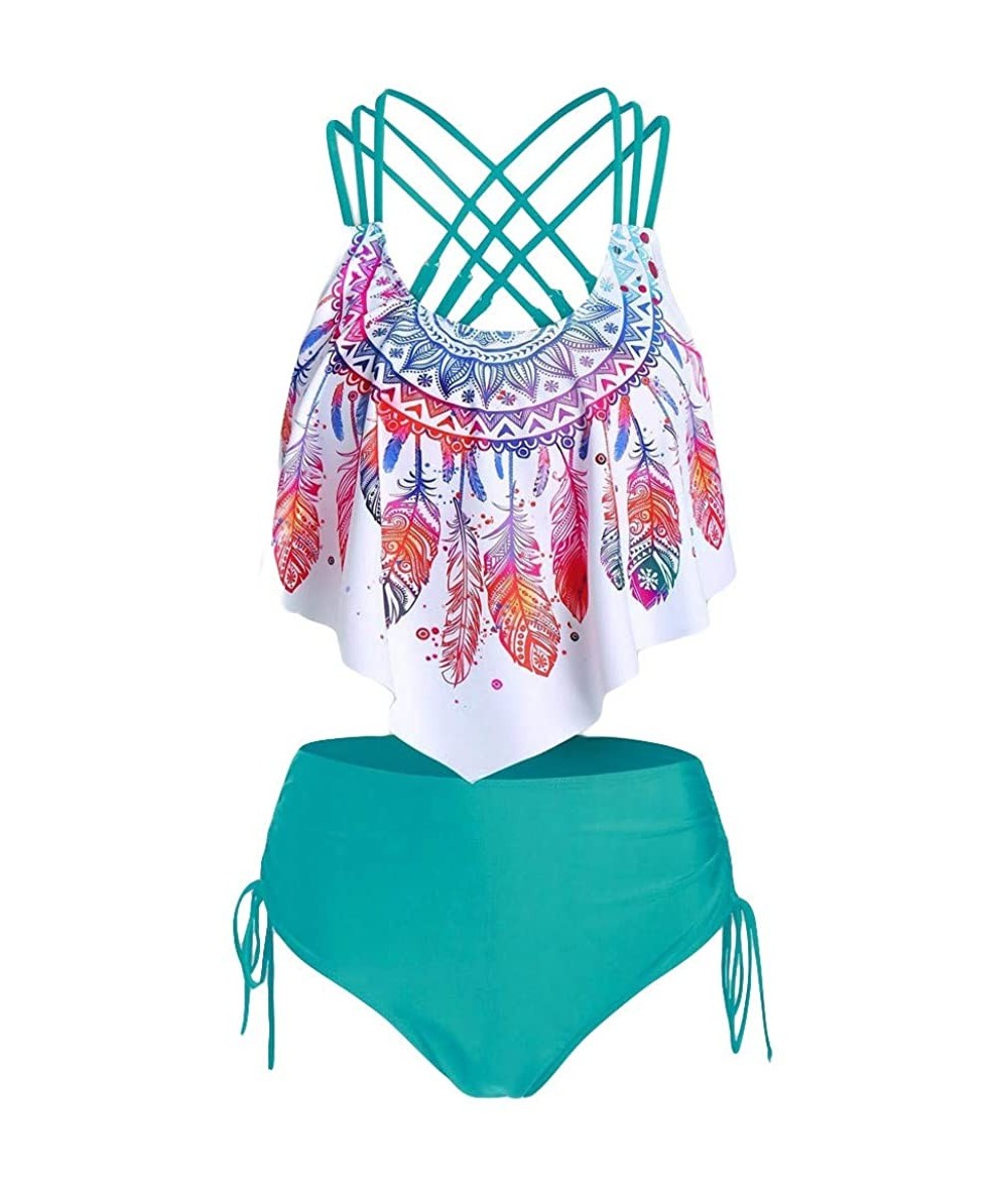 Sets Swimsuits for Women 2020 Two Piece Bathing Suits Ruffled Flounce Top with High Waisted Bottom Bikini Set Feather Green -...