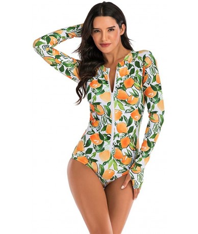 Cover-Ups Womens Rashguard Swimsuit Zip Front Print Long Sleeve One Piece Swimwear - Orange - CY195ST0K0L $42.00