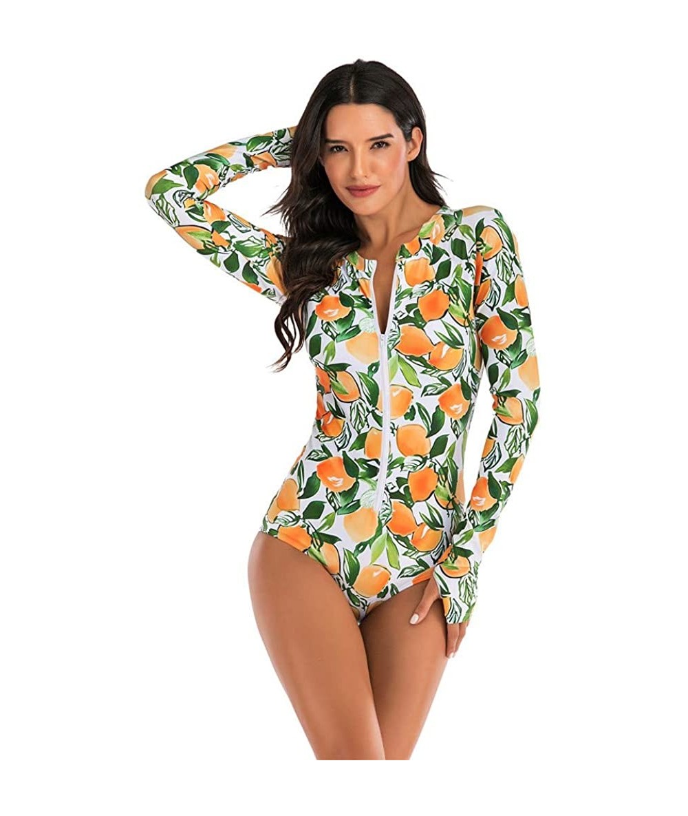 Cover-Ups Womens Rashguard Swimsuit Zip Front Print Long Sleeve One Piece Swimwear - Orange - CY195ST0K0L $42.00