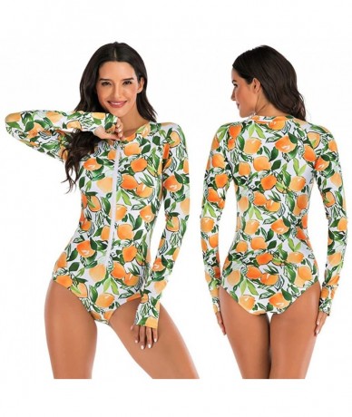 Cover-Ups Womens Rashguard Swimsuit Zip Front Print Long Sleeve One Piece Swimwear - Orange - CY195ST0K0L $42.00