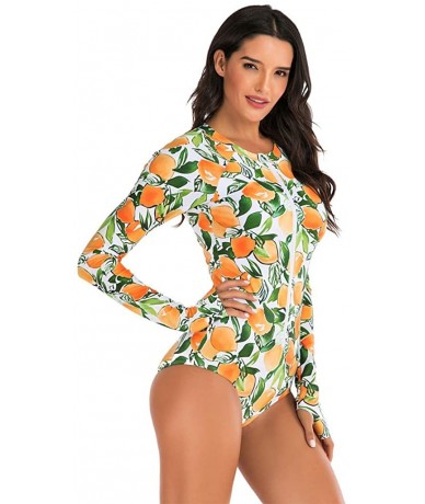 Cover-Ups Womens Rashguard Swimsuit Zip Front Print Long Sleeve One Piece Swimwear - Orange - CY195ST0K0L $42.00