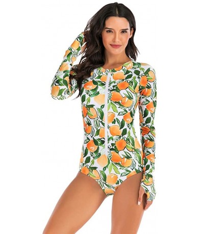 Cover-Ups Womens Rashguard Swimsuit Zip Front Print Long Sleeve One Piece Swimwear - Orange - CY195ST0K0L $42.00