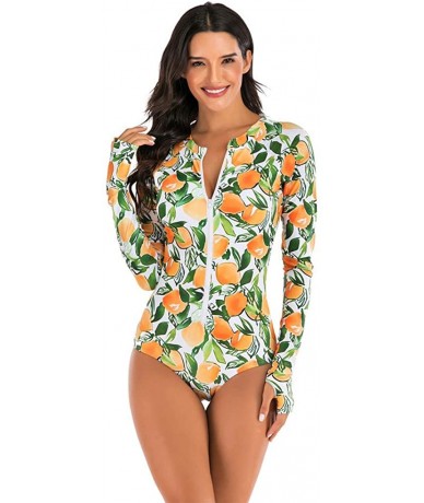 Cover-Ups Womens Rashguard Swimsuit Zip Front Print Long Sleeve One Piece Swimwear - Orange - CY195ST0K0L $42.00