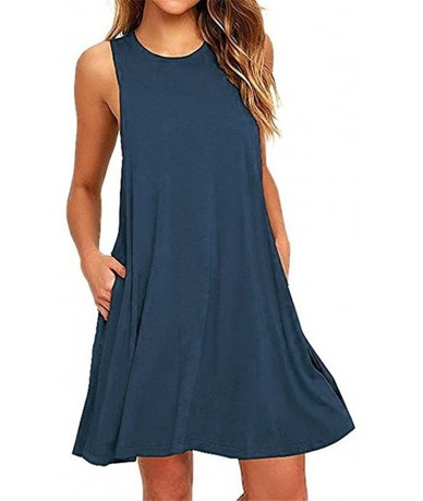 Cover-Ups Women's Holiday Summer Casual Solid Color Sleeveless Dress Party Beach Dress Dress - B2-navy - CN195HSR2Q2 $21.22