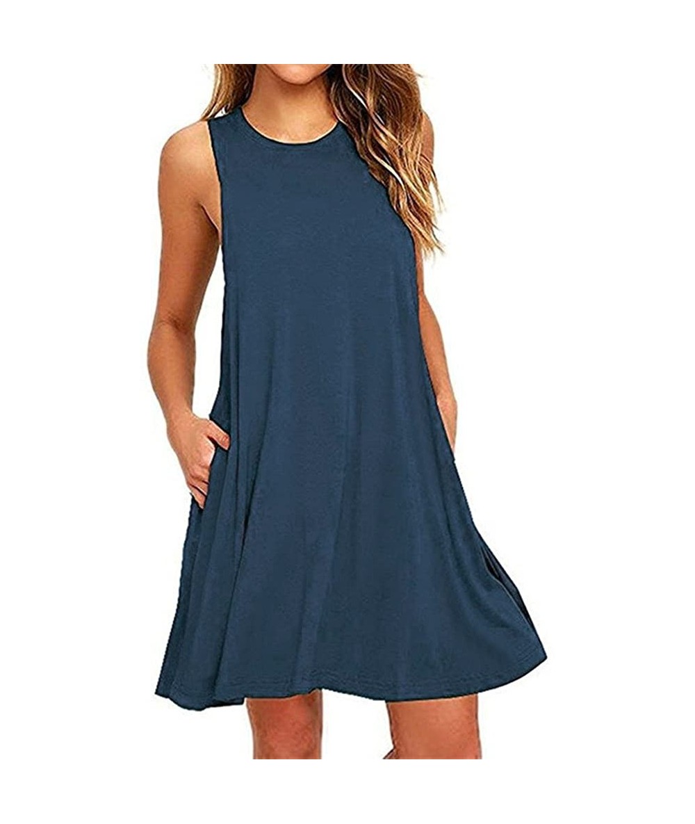 Cover-Ups Women's Holiday Summer Casual Solid Color Sleeveless Dress Party Beach Dress Dress - B2-navy - CN195HSR2Q2 $21.22