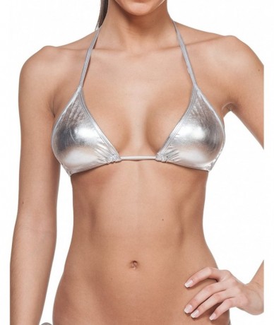 Tops Women's New Liquid or Shiny String Bra Swimsuit Top - Liquid Silver - C011K5NOKZ5 $26.62