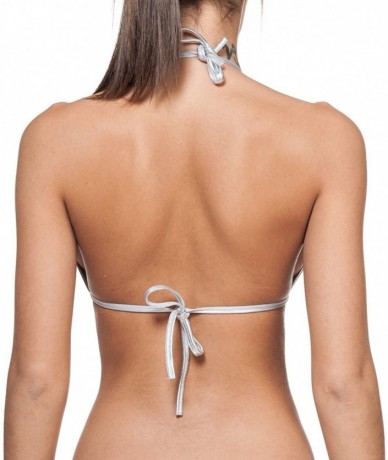 Tops Women's New Liquid or Shiny String Bra Swimsuit Top - Liquid Silver - C011K5NOKZ5 $26.62