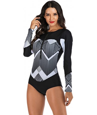 Rash Guards Women's UV Protection One Piece Long Sleeve Rash Guard Swimsuit Zip Front Surfing Shirt - Black - CX18Z2KTCUY $44.74